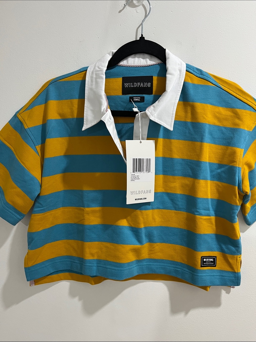 NWT Wildfang Cropped Rugby Shirt XS Oversized Stripes Collar Short Sleeve Cotton